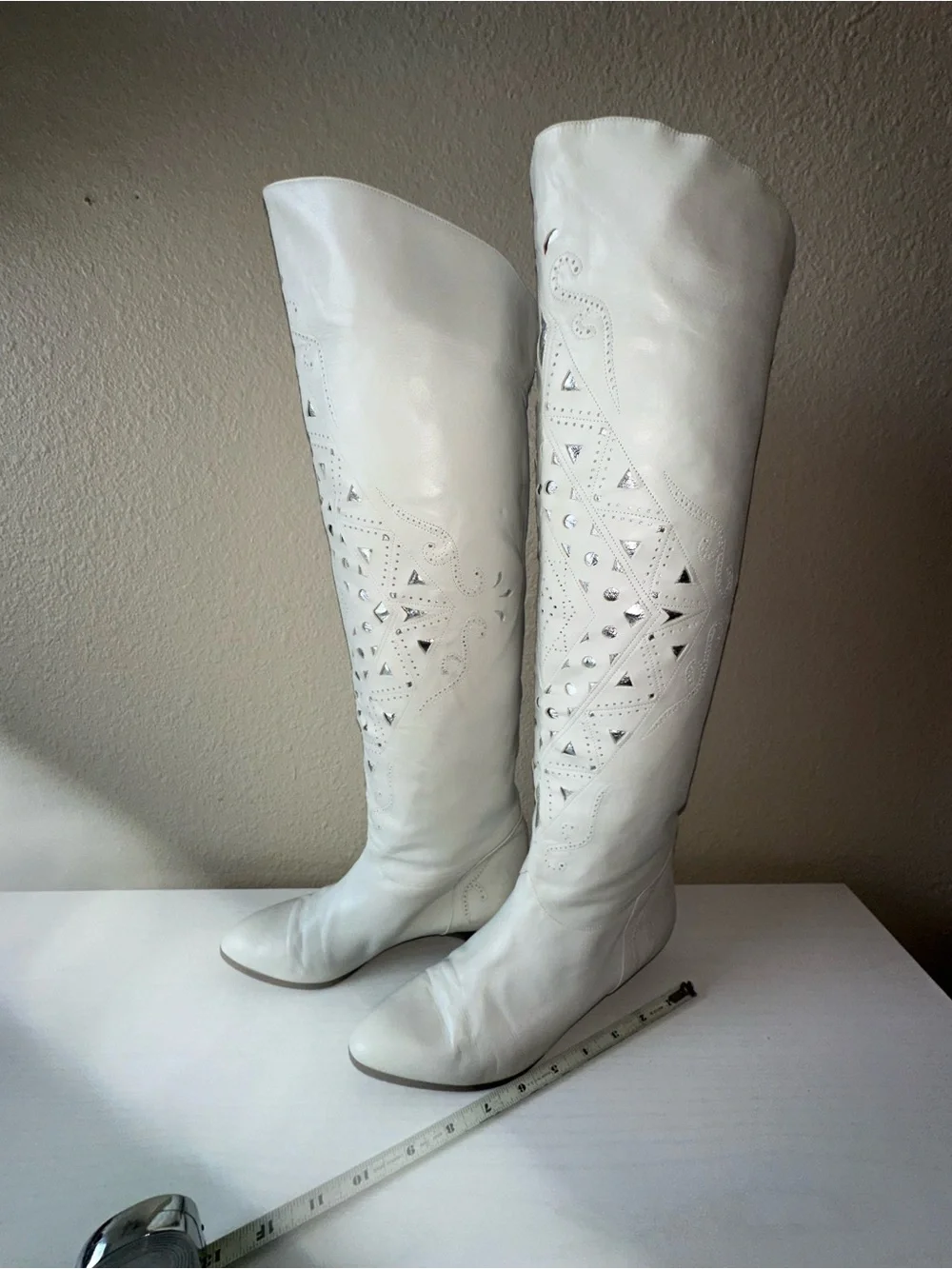 Vintage Caporicci White Western Knee High Boots Game Day Festival Bride Bridal 8